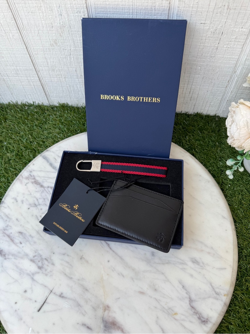 Brooks Brothers Black Leather Card Holder with Red & Black Stripe Key Fob